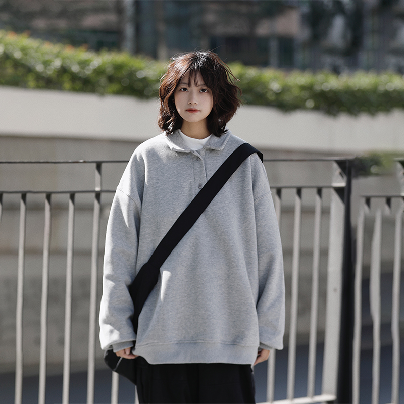 阿于呆420g重磅简约POLO翻领卫衣男春秋百搭情侣套头休闲纯色外套