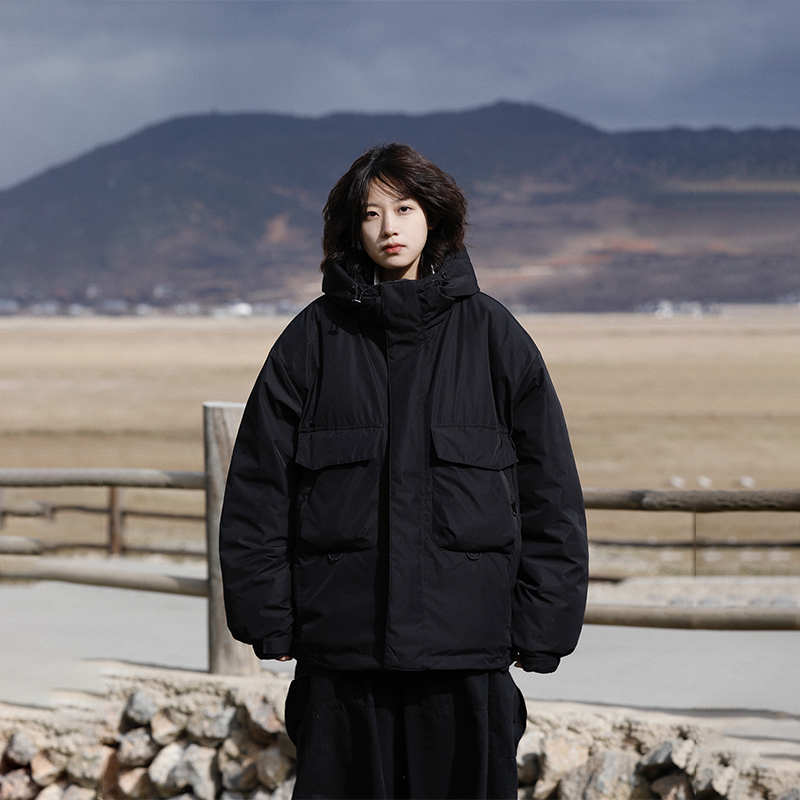 阿于呆连帽大口袋羽绒服加厚保暖