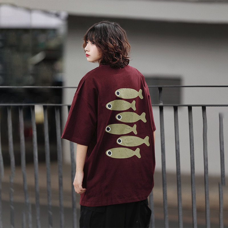 阿于呆美式背后多鱼趣味印花短袖T恤男夏宽松复古圆领半袖上衣女,男装,T恤,淘宝优惠券,粉丝福利购,淘宝优惠卷