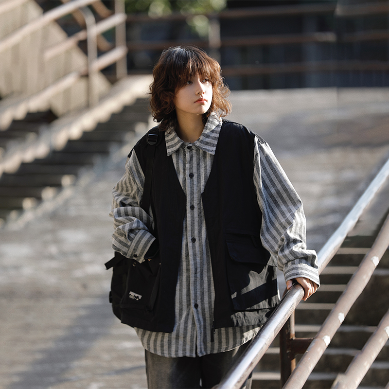 阿于呆翻领长袖日系假两件衬衫