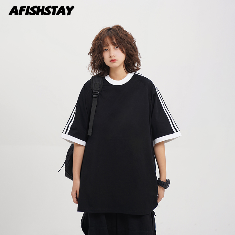 阿于呆撞色圆领三条杠短袖T恤