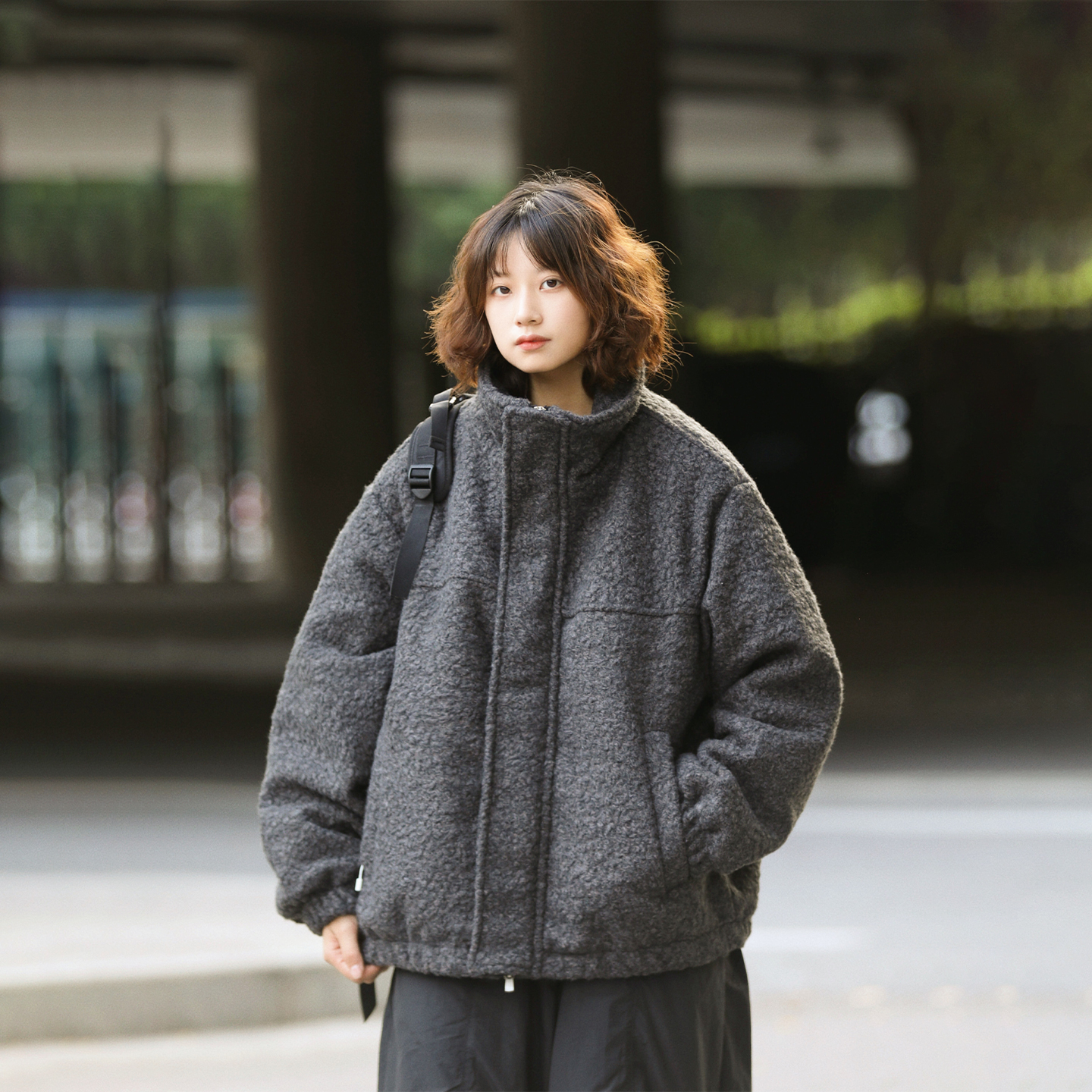 阿于呆美式复古羊羔绒立领棉服