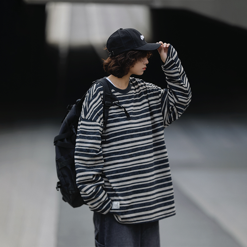 阿于呆长袖日系复古青年条纹T恤