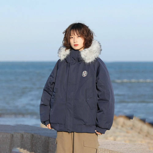 阿于呆工装大口袋加厚毛领棉服