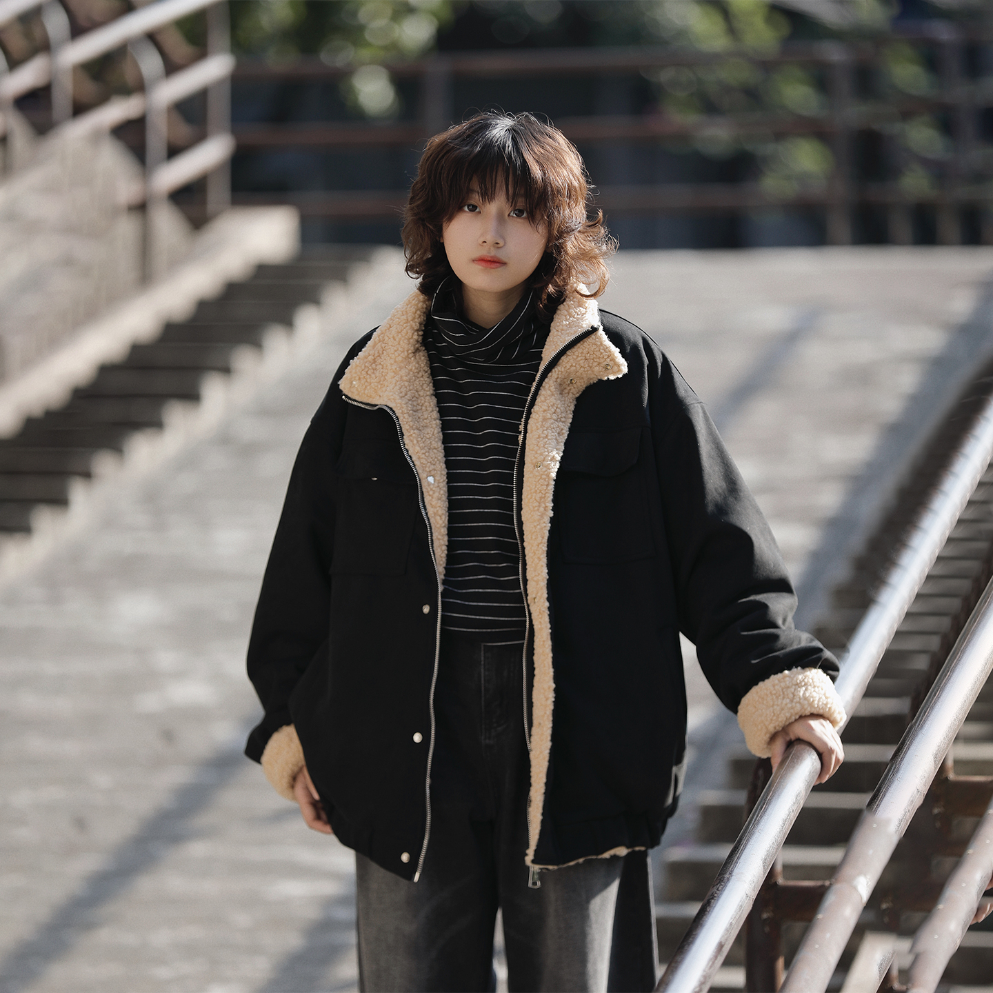 阿于呆美式美拉德羊羔绒麂皮棉衣