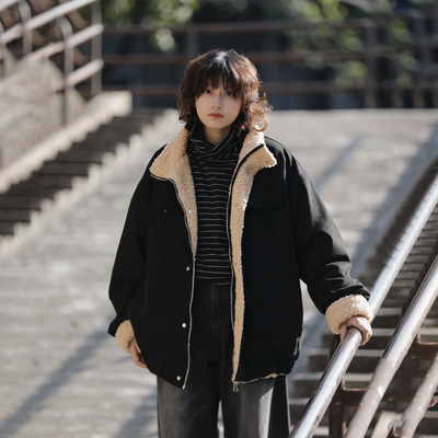 阿于呆美式美拉德羊羔绒麂皮棉衣