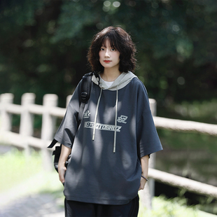 宽松学院风上衣女 美式 阿于呆日系复古字母印花连帽短袖 T恤男夏季