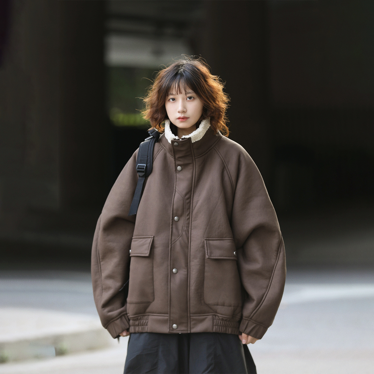 阿于呆美式美拉德羊羔绒立领棉服