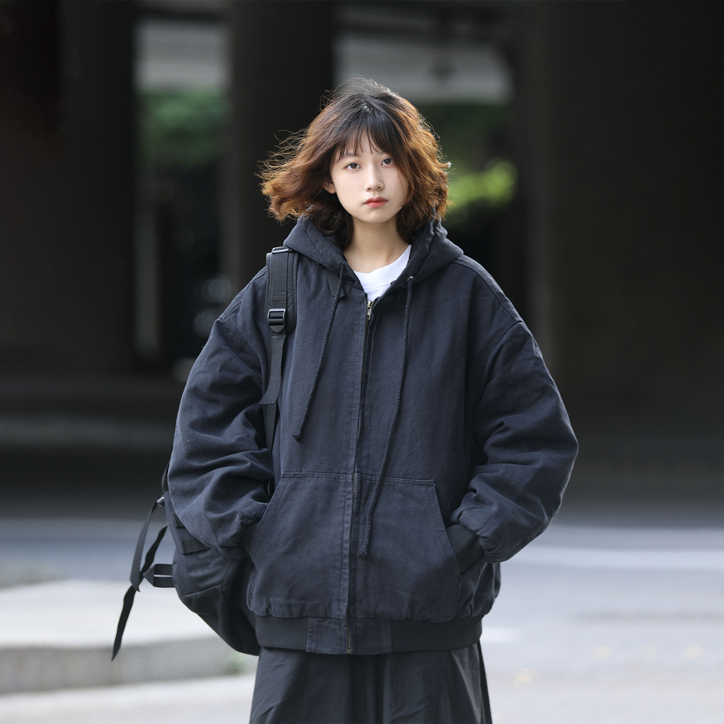 阿于呆日系复古水洗工装连帽棉服