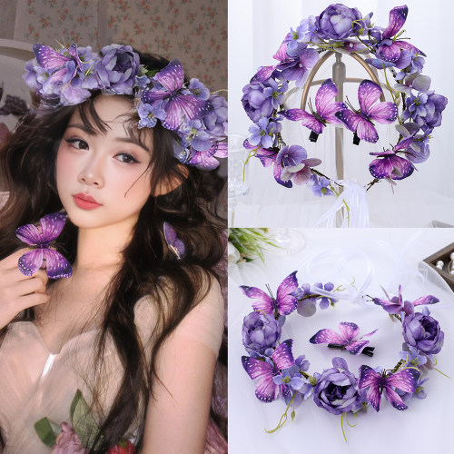 森系花环玫瑰花蝴蝶发带发夹套装