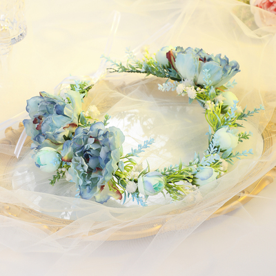 蓝色花朵发带森系写真拍照配饰