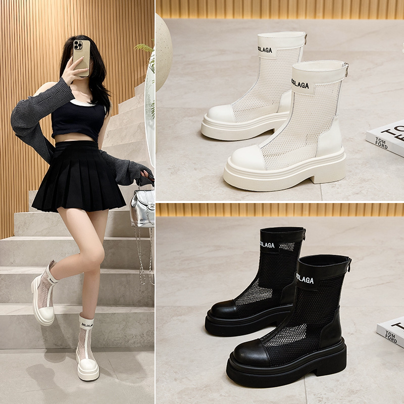 小羊轻奢真皮马丁靴女2026新春夏款透气网纱镂空增高厚底高筒凉靴