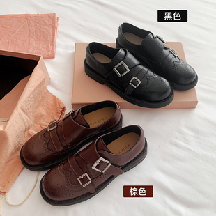 小羊轻奢真皮英伦乐福鞋女2026新春款黑色增高孟克鞋布洛克女鞋子