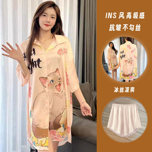 夏季衬衫睡裙性感冰丝短袖睡衣女短裤甜美卡通宽松薄款家居服