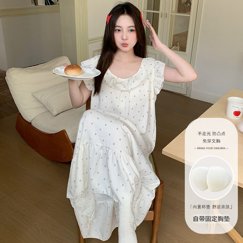 夏季吊带睡裙女士日系韩版圆领清新小碎花睡裙带胸垫云朵棉