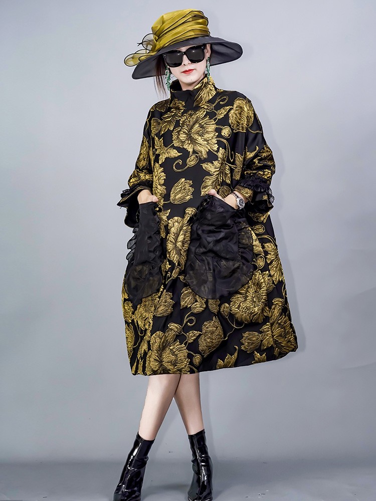 复古中长款真丝压花廓形