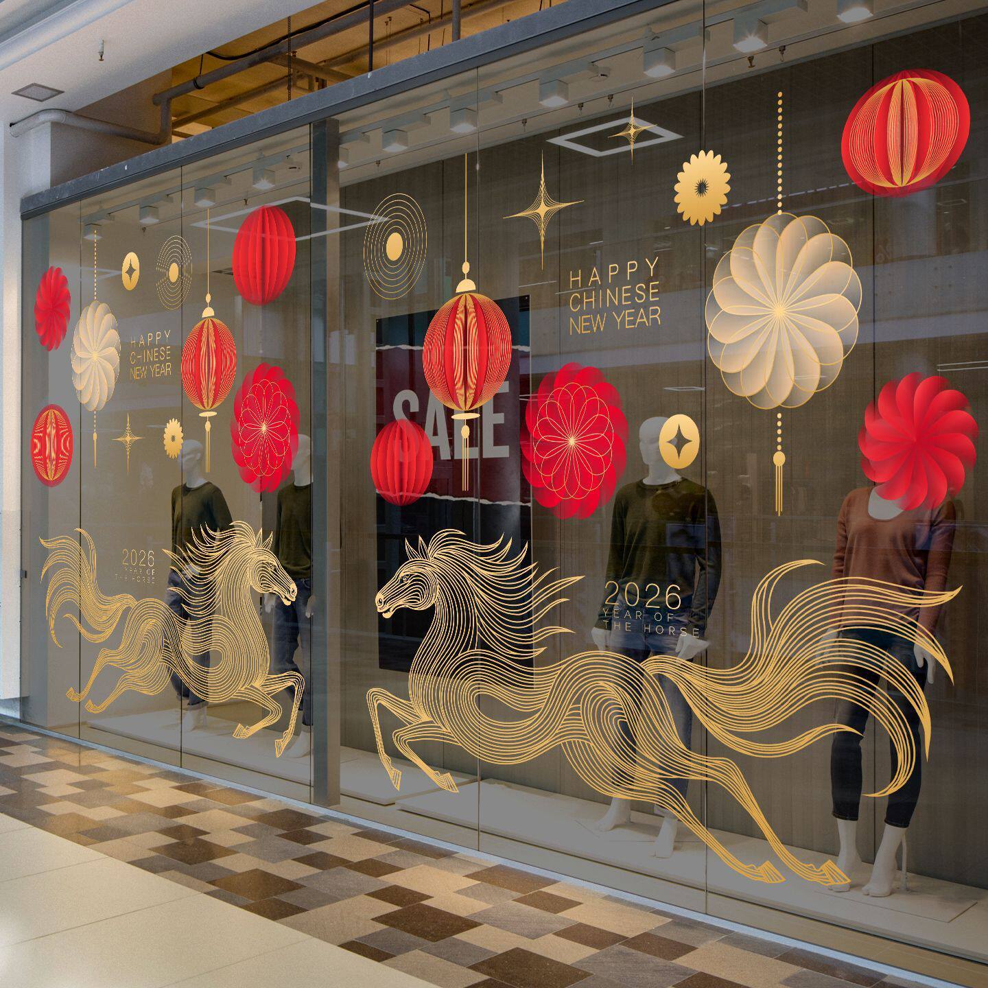 2026马年简约装饰春节玻璃落地橱窗花静电贴纸写字楼幕墙4S店窗贴