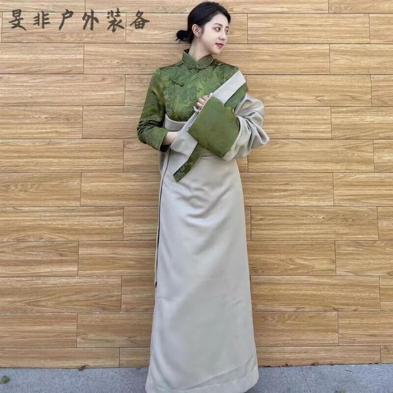 SMVP舞蹈藏服套装藏袍藏式舞蹈郭庄藏服女装藏服袍子米白色果绿色