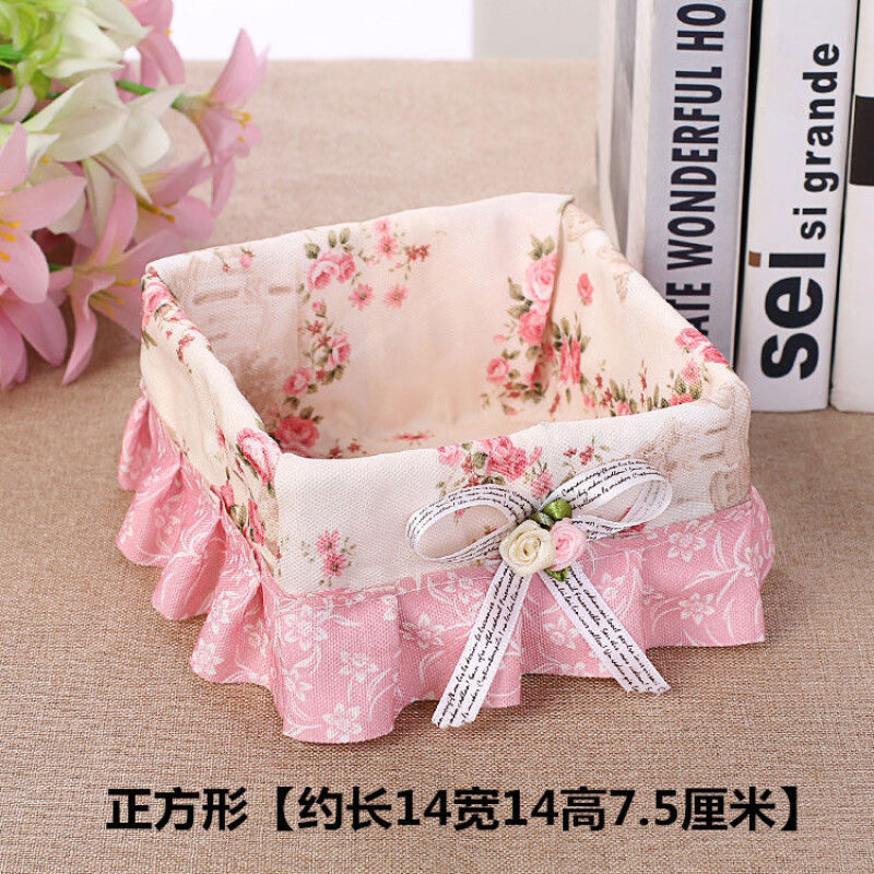 手工草藤编桌面收纳盒化妆品篮布艺蕾丝杂物筐手机钥匙遥控收纳筐