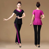 夏运动宽松中老年女练功服舞蹈服上衣黑 短袖 紫红 套装 广场舞服装