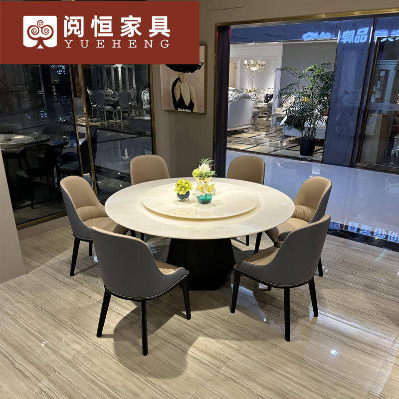 阅恒新款意式极简天然皇室冰玉奢石圆形餐桌大脚别墅大理石大圆桌