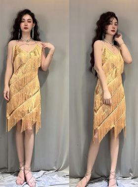 驻掌柜拉丁舞比赛服花服新款拉丁舞会吊带裙舞蹈裙v领拉丁舞亮片