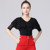 千易色拉丁舞上衣女成人国标舞服装 舞蹈练功服V领 交谊摩登舞中袖