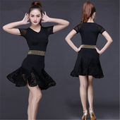 连衣裙练功舞蹈蕾丝裙摆表演演出黑色短袖 灏鹿酷拉丁舞服装 女新款
