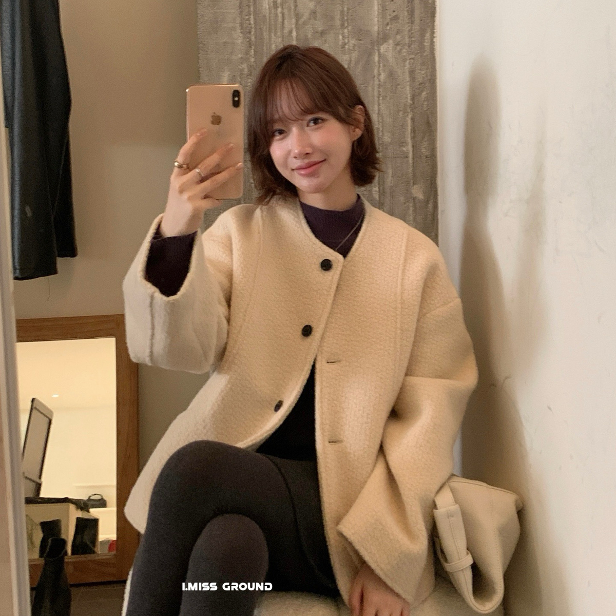 IMISS-冬上新韩标升级羽绒里衬简约百搭圆领羊毛外套(含60羊毛)