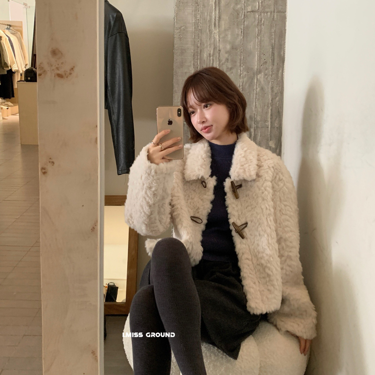 IMISS-冬上新韩标简约气质牛角扣羊毛外套（含50羊毛）