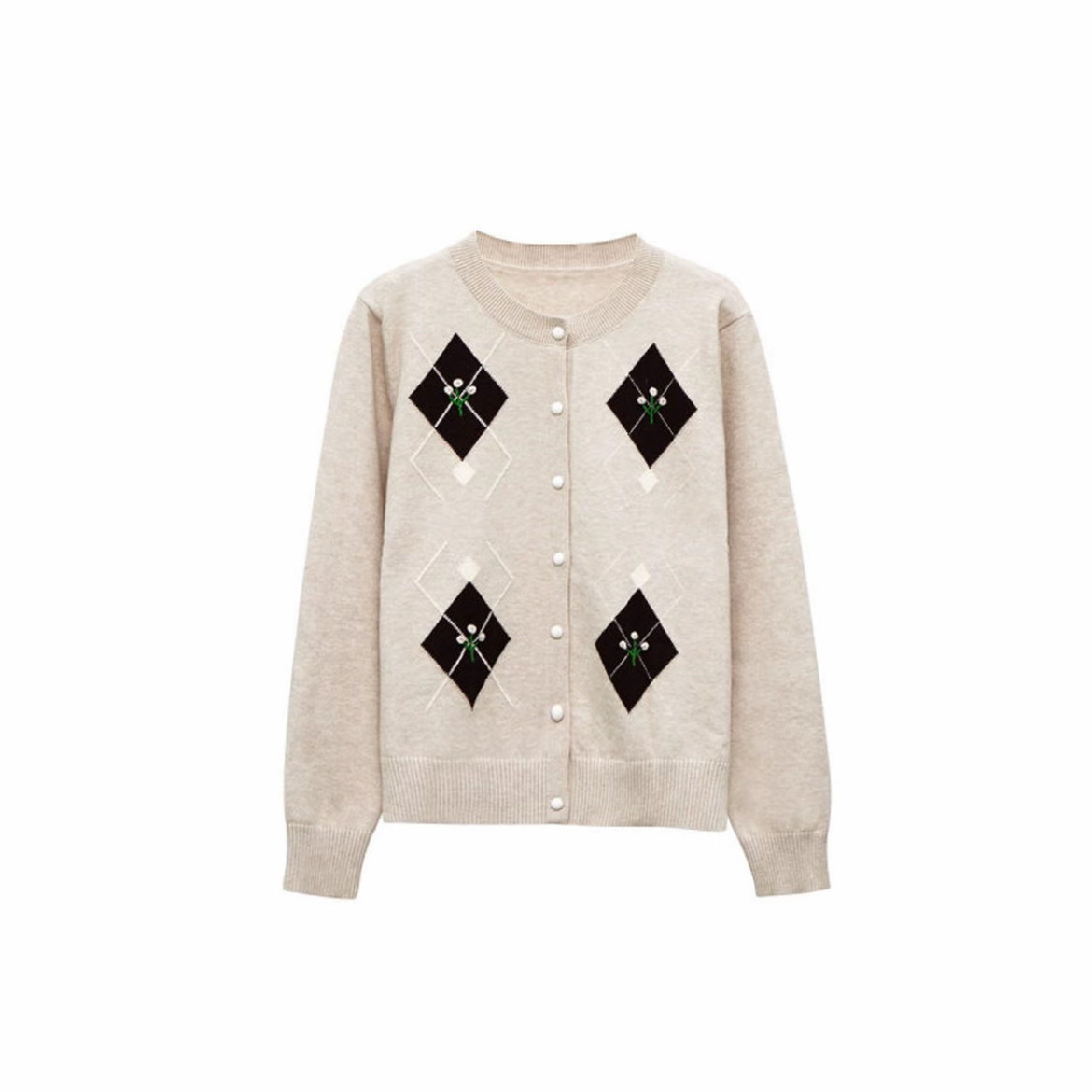 2026春装新款菱格纹开衫气质针织外套女宽松显瘦百搭毛衣外套杏色