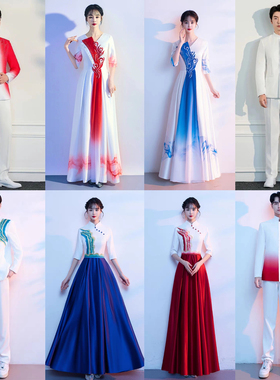 出租男女大合唱演出服长裙新款红歌指挥合唱团诗歌朗诵主持人礼服