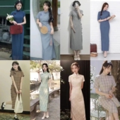 出租旗袍复古民国少女老上海棉麻学生格子旗袍中国风改良版 连衣裙