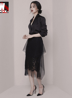 泰国潮牌2021春秋装新款时尚名媛气质显瘦黑色中长袖蕾丝套装裙女