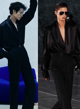 魏大勋缎面黑衬衣2024新款褶皱宽松潮上衣大码欧美个性晨袍男衬衫