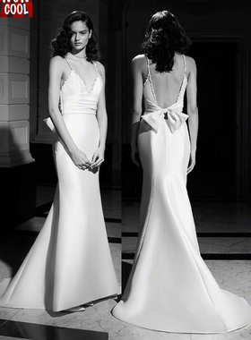 时尚简约吊带裙新娘婚纱礼服连衣裙公主裙高端丝质缎面镶钻蝴蝶结