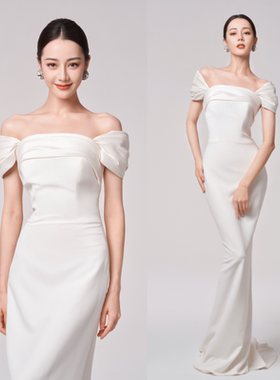 女新娘礼服连衣裙优雅白色迪丽热巴同款露肩鱼尾长裙高端丝质缎面