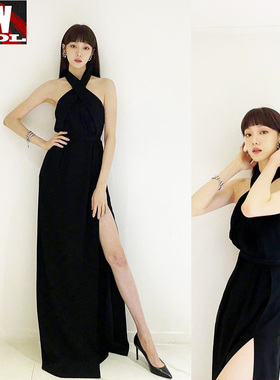 李圣经同款黑色挂脖长礼服连衣裙露背开衩无袖2022春季晚礼服聚会