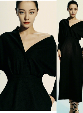 迪丽热巴同款黑色斜肩露肩长袖礼服裙长款连衣裙2024新款女装收腰