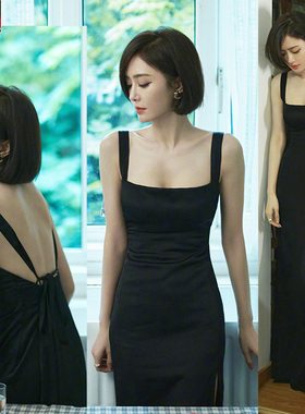 秦岚同款黑色连衣裙大方领背带无袖开衩丝质缎面高端醋酸性感露背