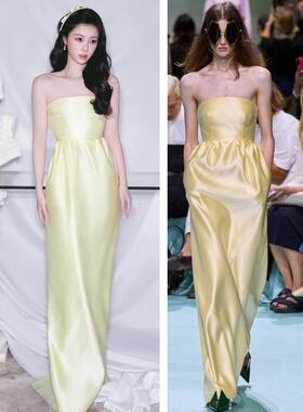 虞书欣同款黄色抹胸礼服连衣裙2025新款法式高端订婚礼宴会主持人