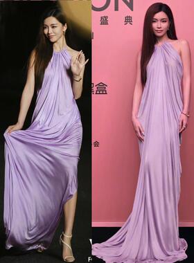 文咏珊欧阳娜娜同款紫色挂脖红毯礼服裙长款连衣裙晚宴会醋酸缎面