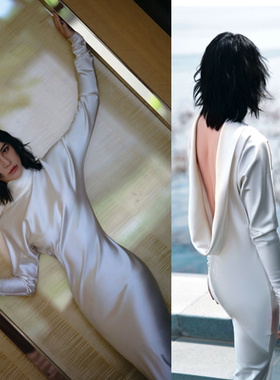 尚雯婕同款白色缎面露背礼服裙大漏后背连衣裙高端醋酸长袖高领女