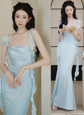 张艺凡同款公主礼服裙荷叶边吊带裙仙女海边飘逸连衣裙丝质醋酸缎