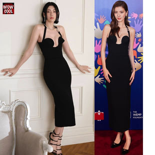 三吉彩花吴千语同款晚礼服连衣裙性感黑色挂脖露胸背中裙开衩2024