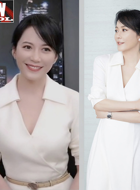 俞飞鸿同款白色连衣裙黑色长款衬衫领长袖气质收腰修身显瘦优雅