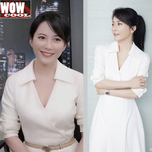 气质收腰修身 俞飞鸿同款 领长袖 衬衫 显瘦优雅 白色连衣裙黑色长款