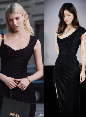 赵露思同款黑色吊带礼服裙不对称单肩褶皱连衣裙前开衩收腰2024女