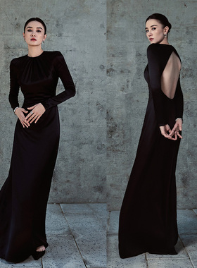 宋佳同款白玉兰红毯晚会礼服裙黑色连衣裙露背高端醋酸缎面长袖女