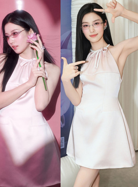 明星卢昱晓同款粉色小礼服裙蝴蝶结A字收腰连衣裙醋酸丝质缎面女